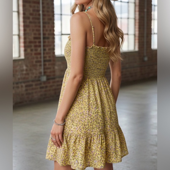 Saints and Heart Ditsy Floral Print Boho Smocked Summer Yellow Mini Dress - Picture 5 of 5